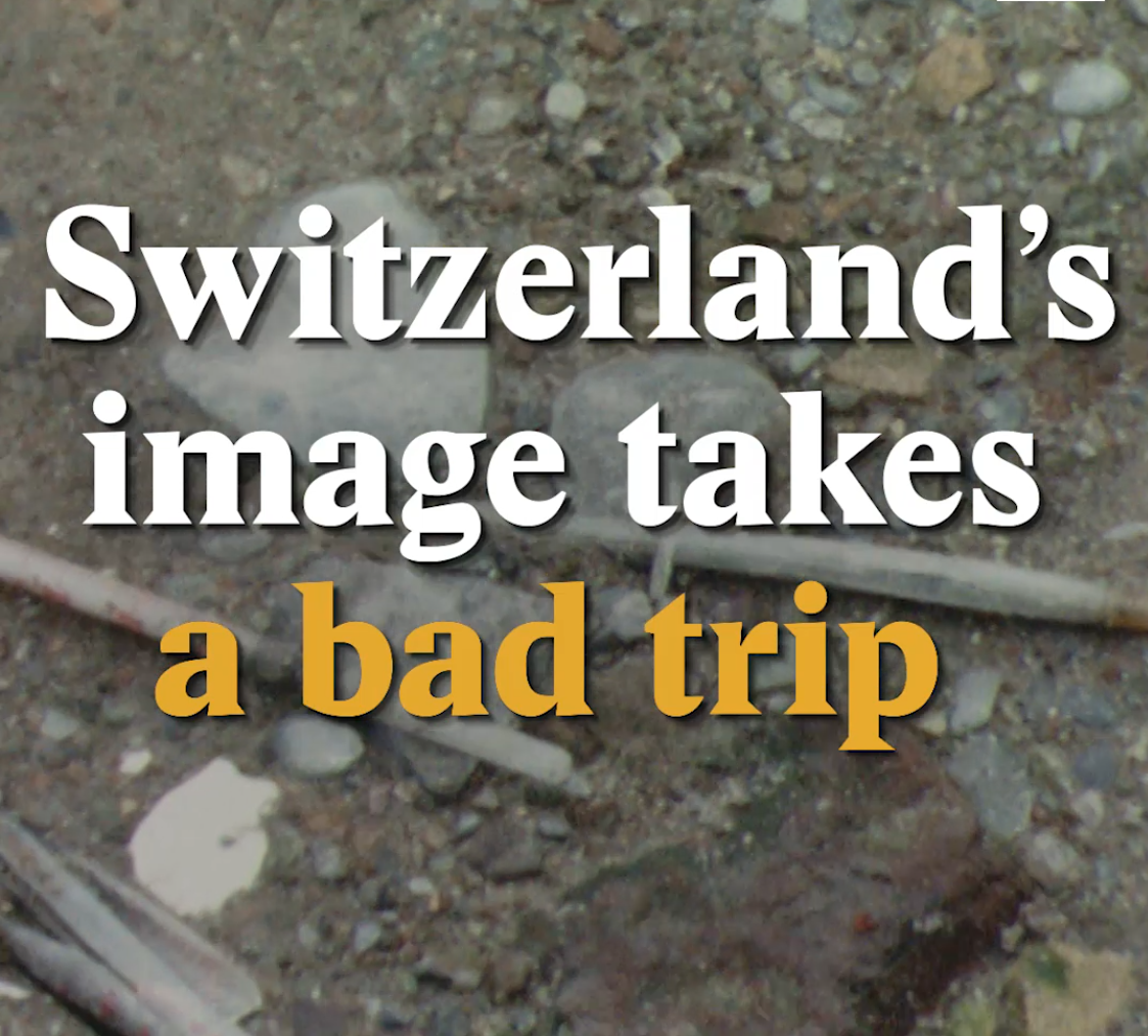 A cover image for a Nouvo video about the image of Switzerland abroad regarding drugs.