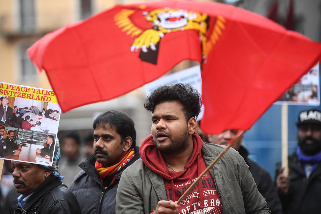 Tamils demonstrating outside the court