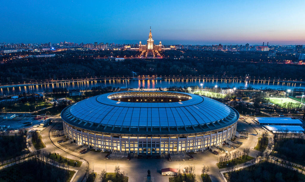 An aerial view of the World Cup Luzhniki stadium in Moscow, Russia