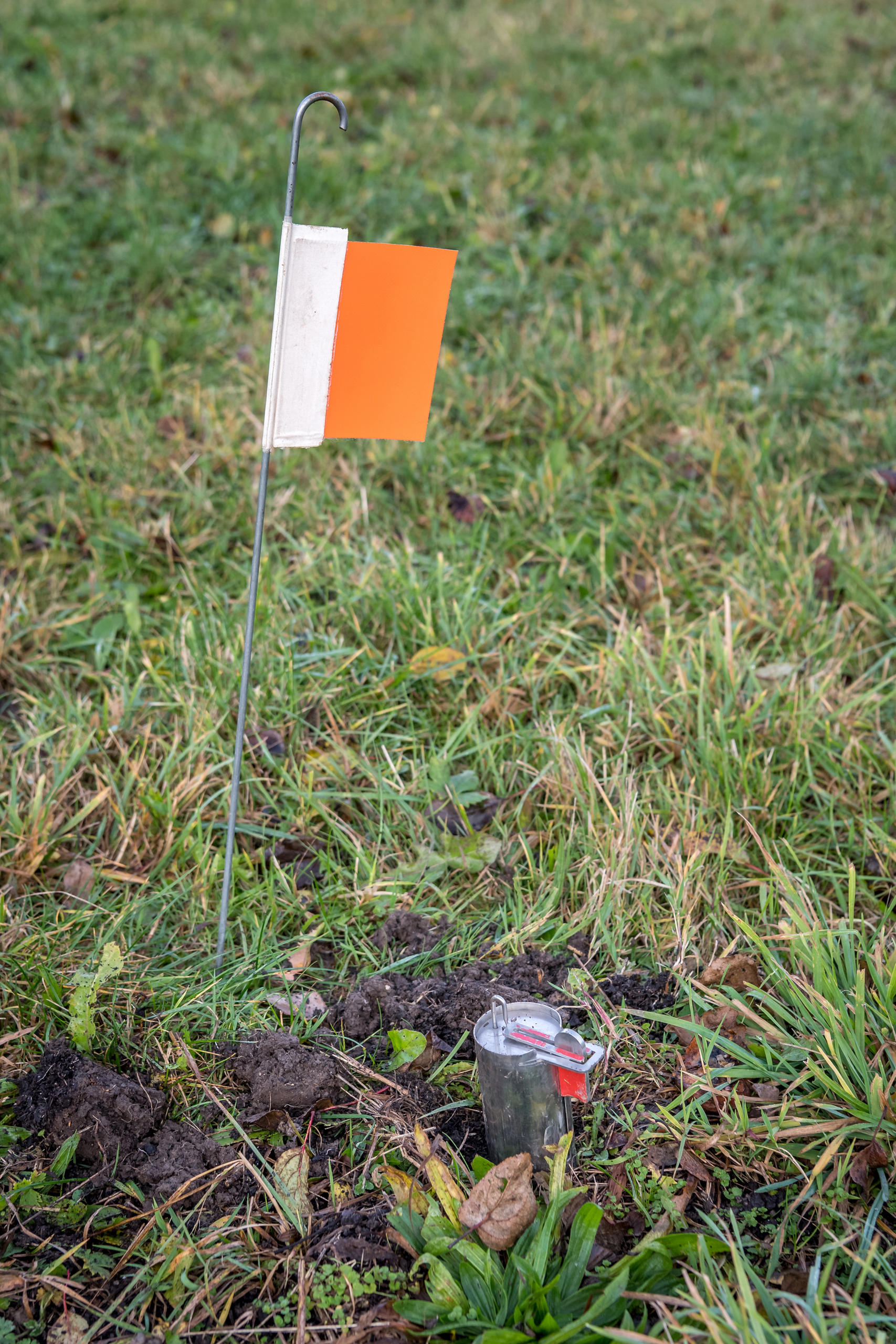 Close-up of marker flag and trap