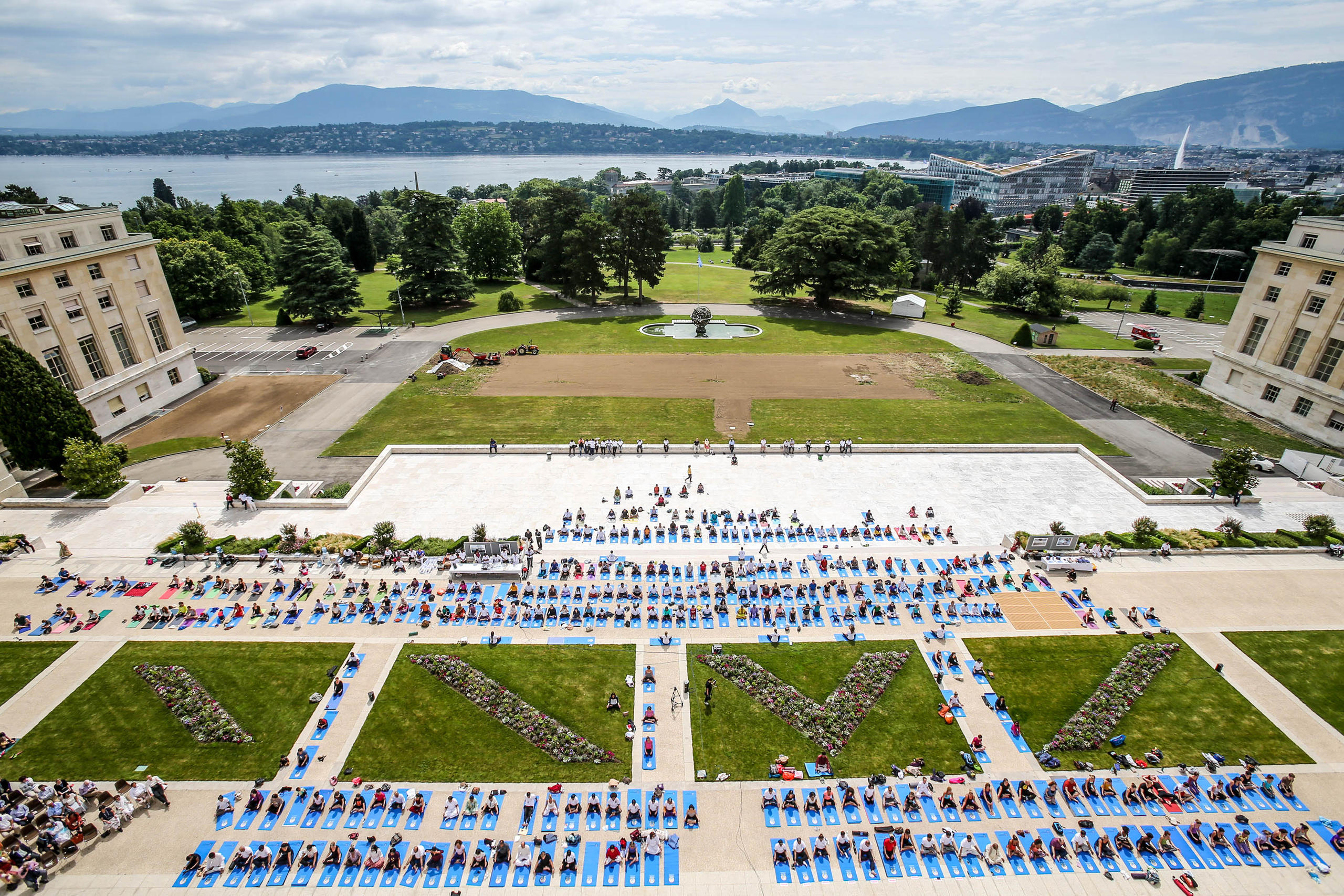 Staff at UN practicing yoga outside
