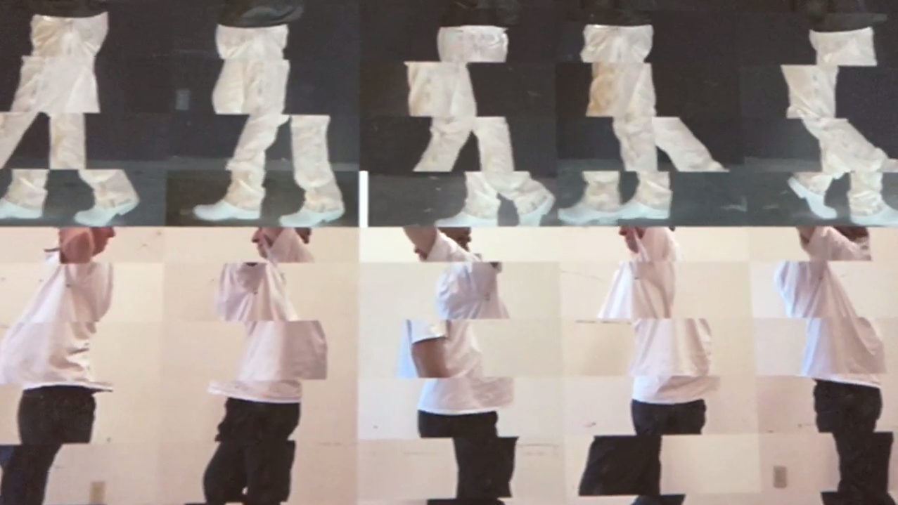 Nauman enacts contrapposto by resting his weight on one leg before shifting it to the other.