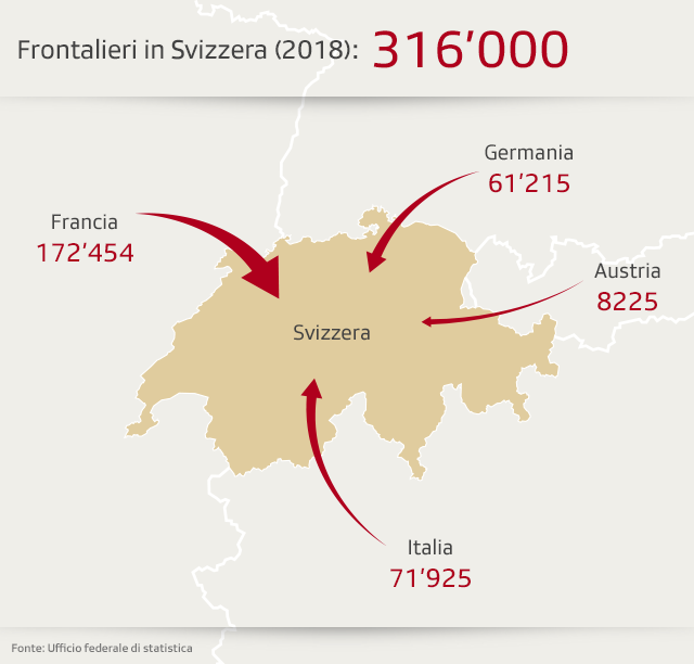 carta che mostra il flusso di frontalieri in Svizzera da Francia, Italia, austria e germania