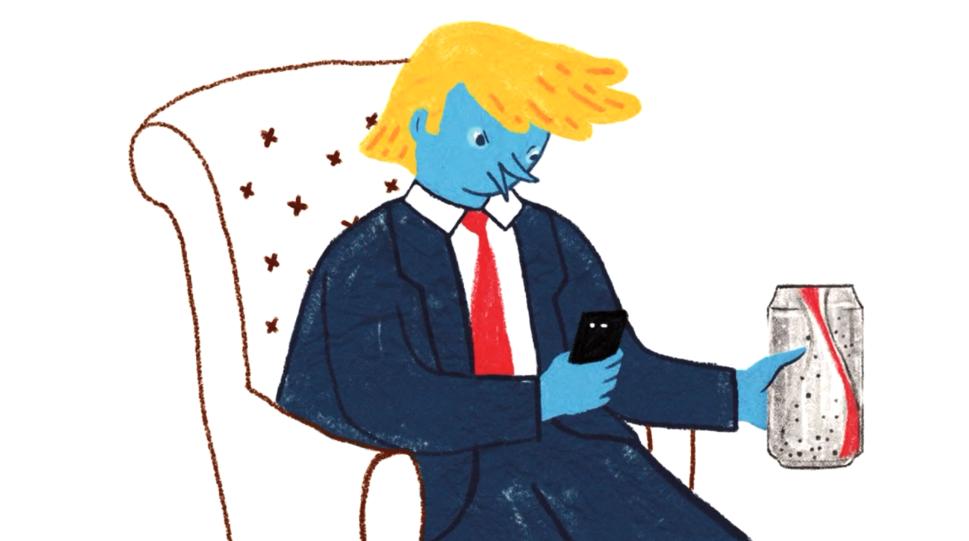 (illustrazione) Uomo -apparentemente Donald Trump- seduto su una poltrona twitta bevendo coca-cola