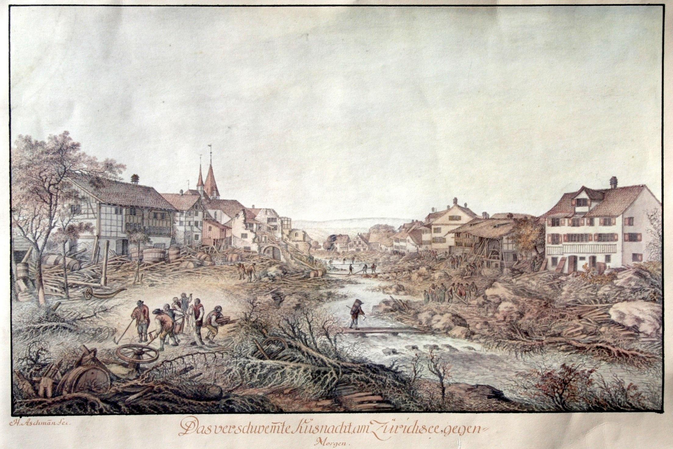 Zeichnung eines überschwemmten Dorfs