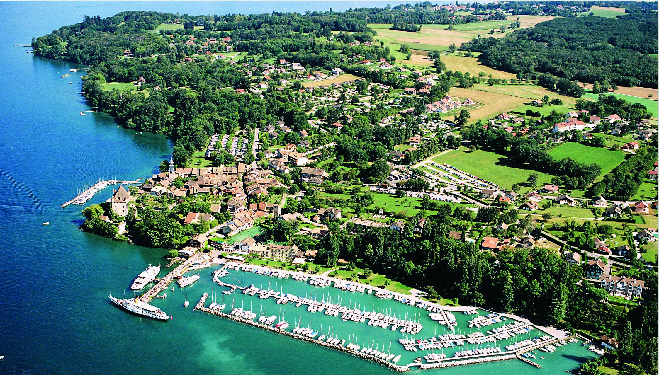 Aerial view of the French village Yvoire on Lake Geneva
