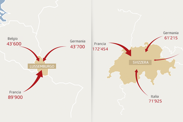 carta che mostra il flusso di frontalieri in lussemburgo e in svizzera