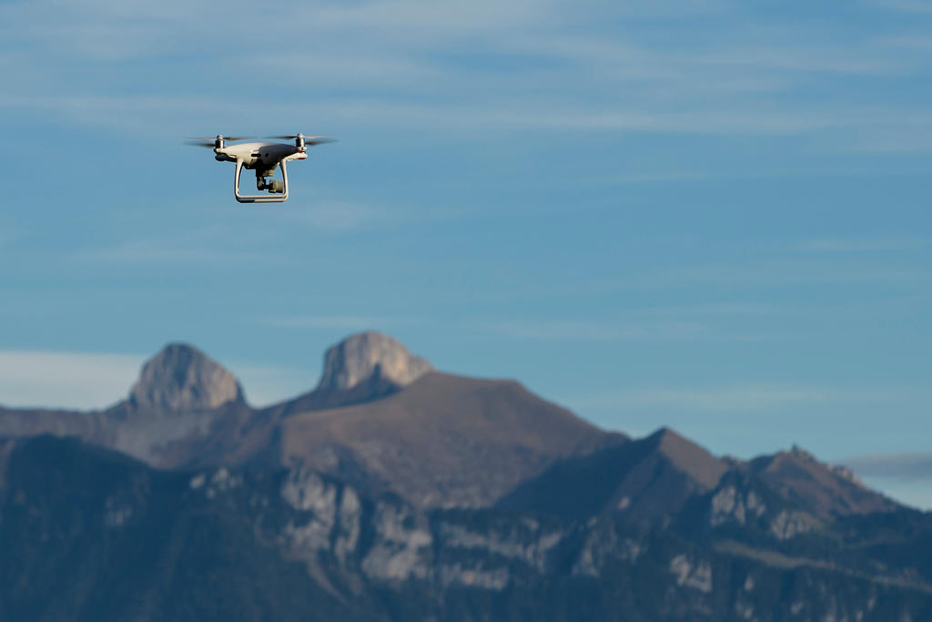 A drone over Swiss mountains