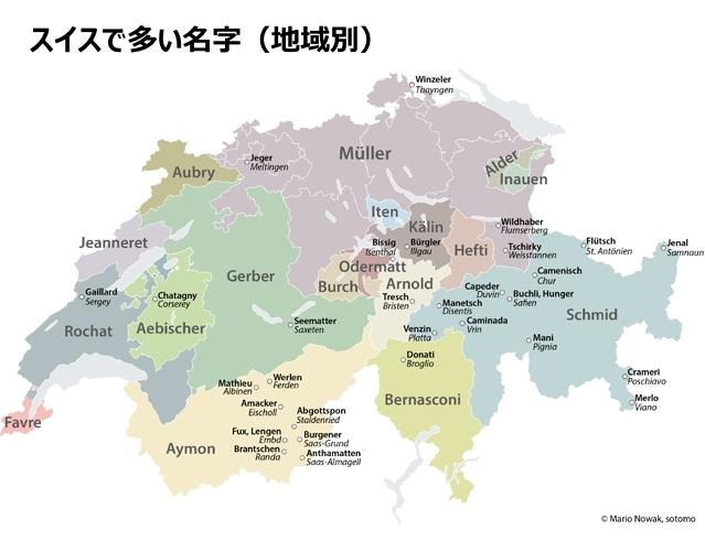 スイスで多い名字、地域別