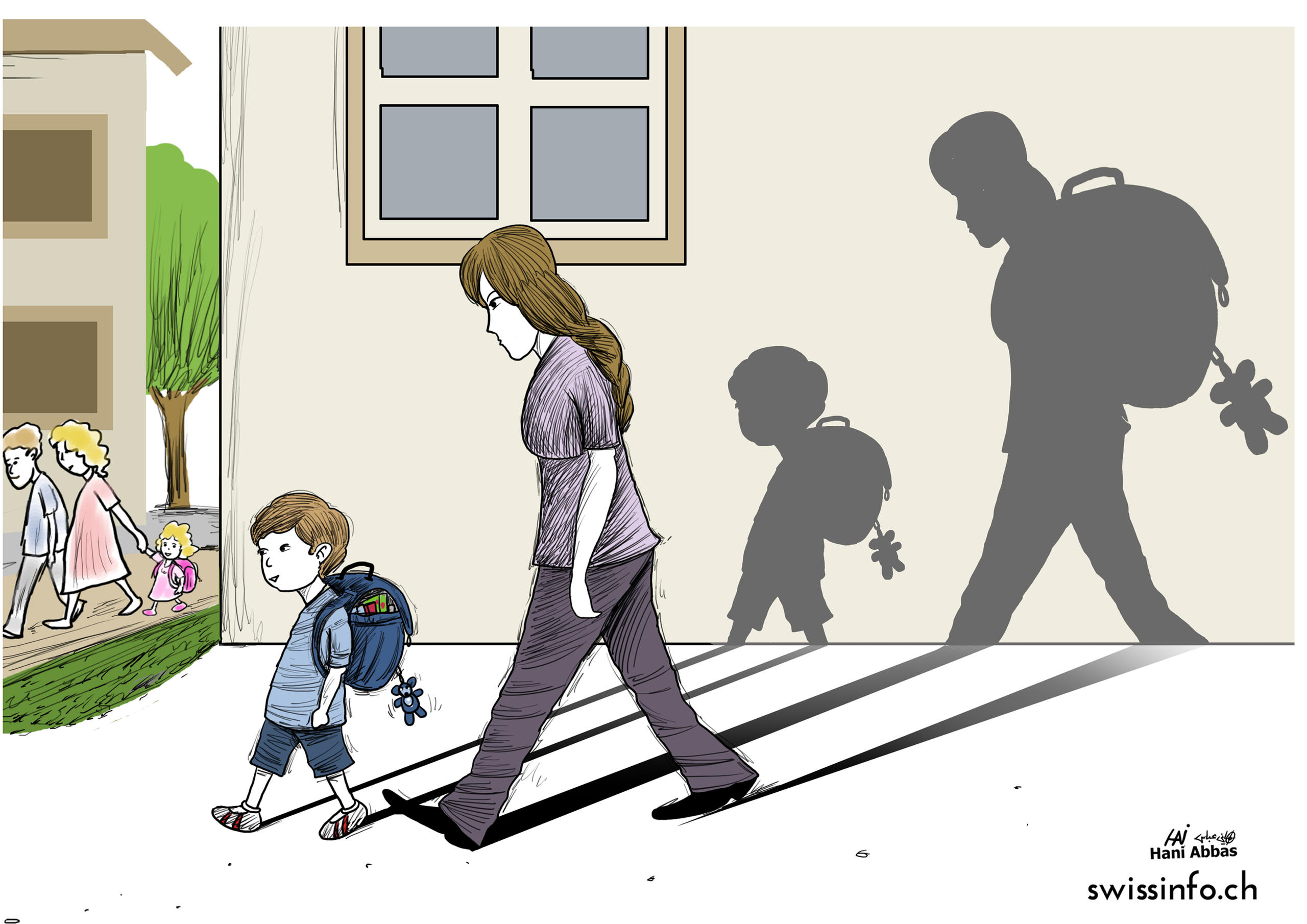 رسم كاريكاتوري لأم تصطحب ابنها إلى المدرسة