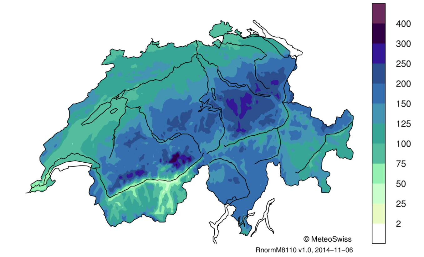 I valori medi delle precipitazioni in luglio tra il 1981 e il 2010 indicati su una cartina di MeteoSvizzera