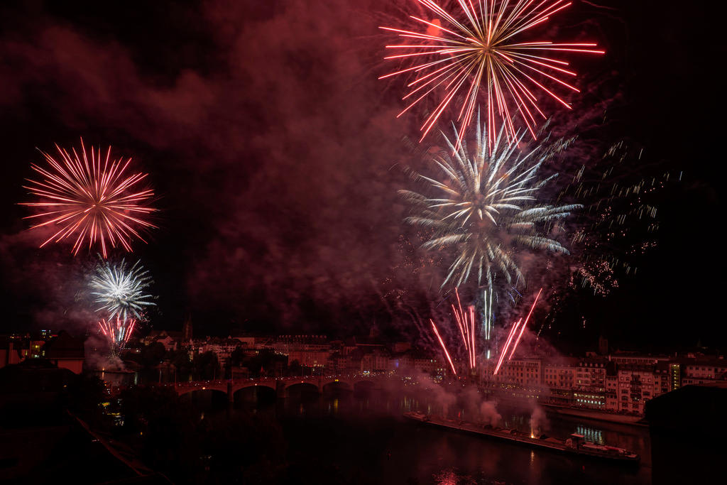 Fireworks on the Rhine river in Basel