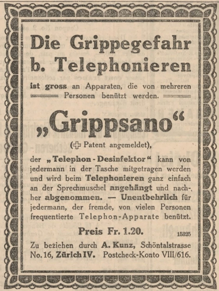 Werbung für Grippsano zum Desinfizieren von Telefonen