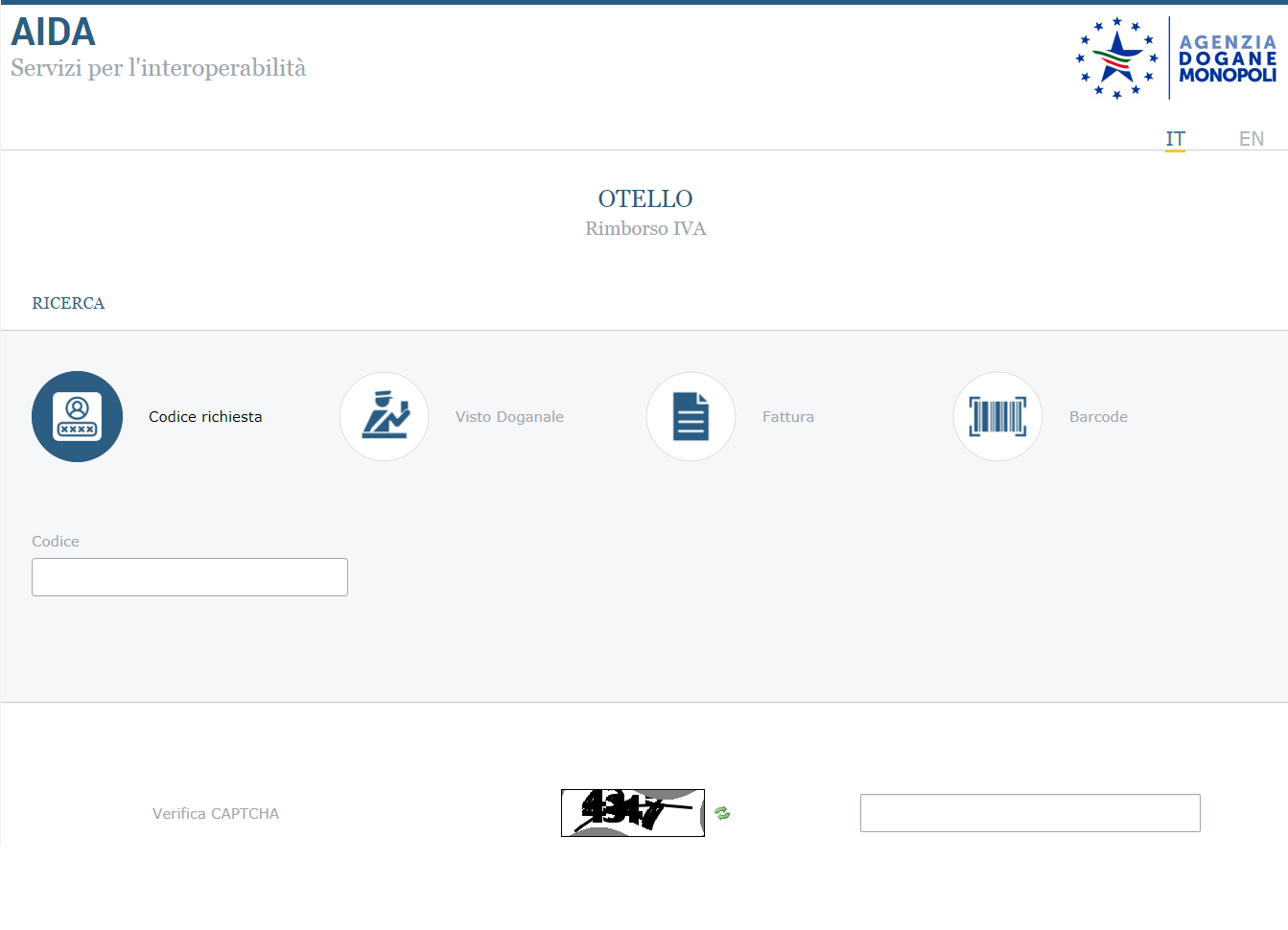 Pagina web con grafica essenziale e quattro icone/campi: Codice richiesta, Visto doganale, Fattura, Barcode