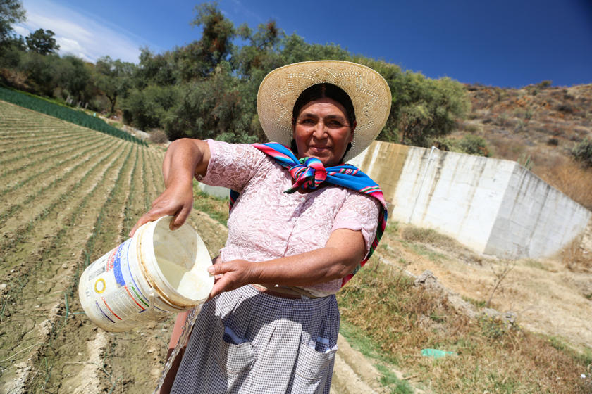 Contadina con in mano un secchio di acqua