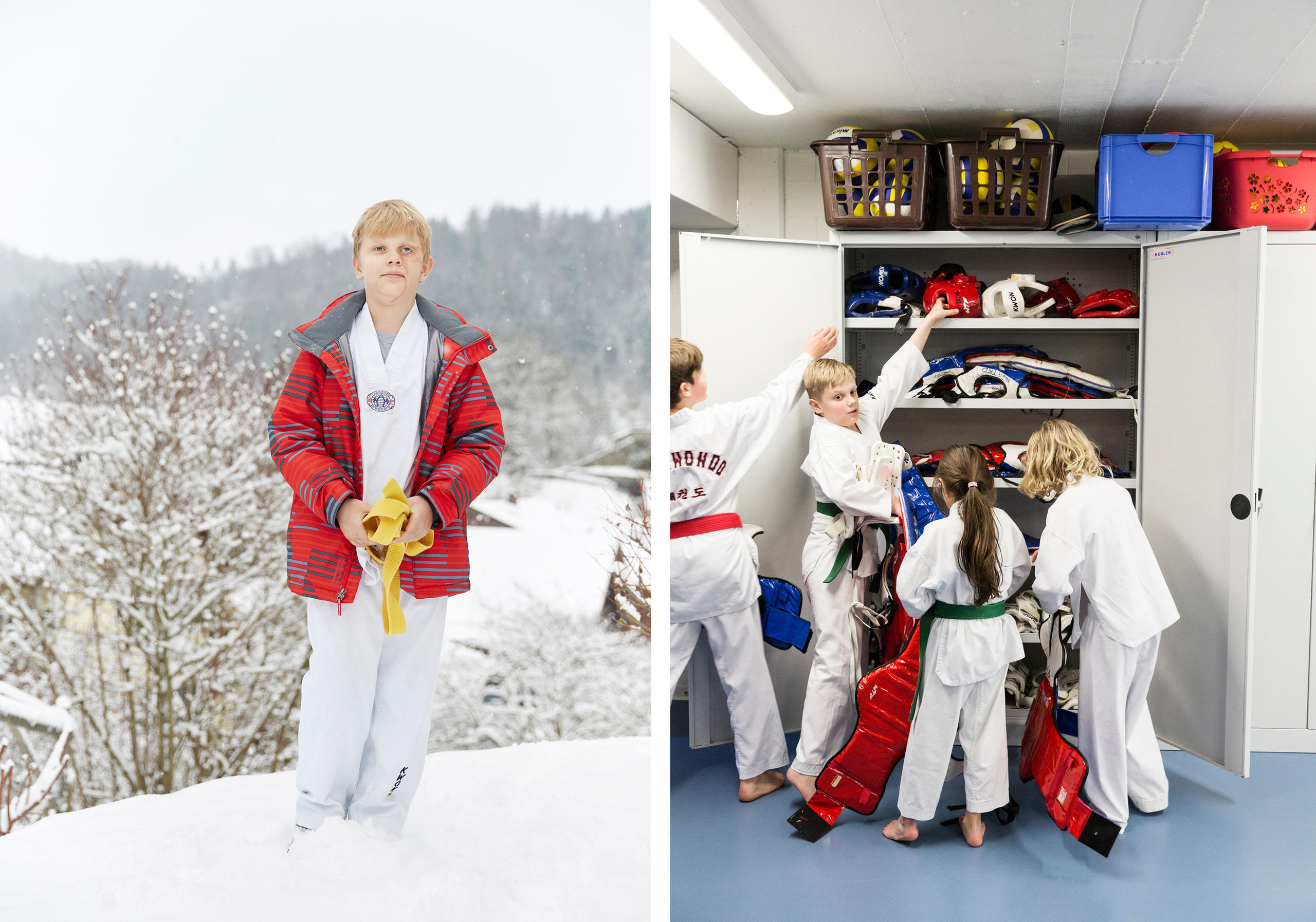 Dos fotos: en una, niño con marcas en la cara, en otra ese niño con sus compañeros de deporte