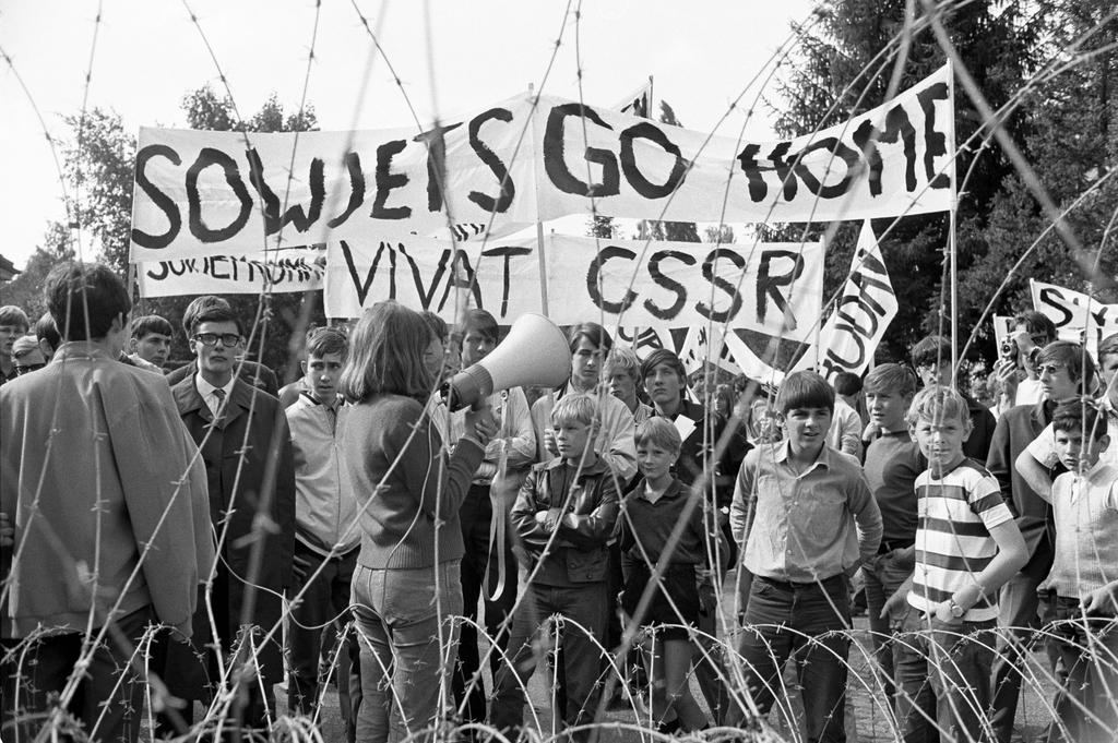 Student demonstration with banner soviets go home