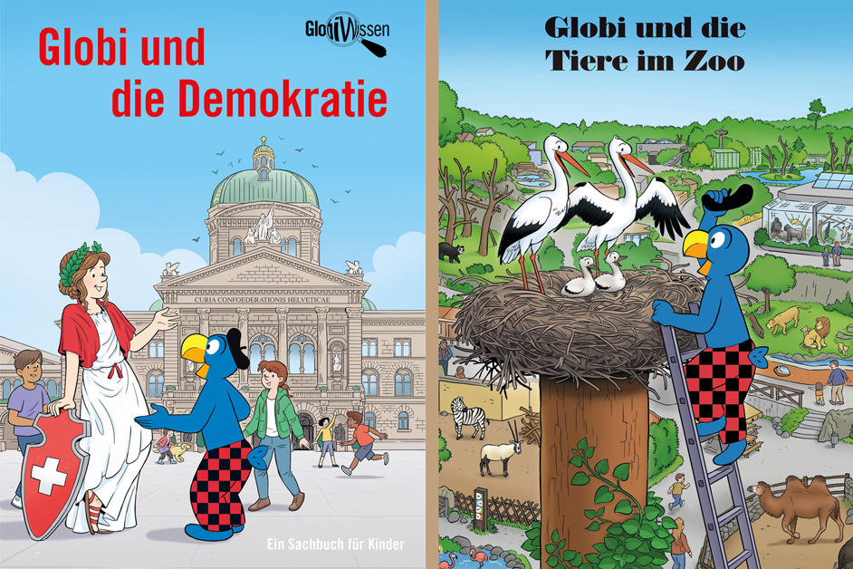 Covers of two Globi books, Globi und die Demokratie and Globi und die Tiere im Zoo