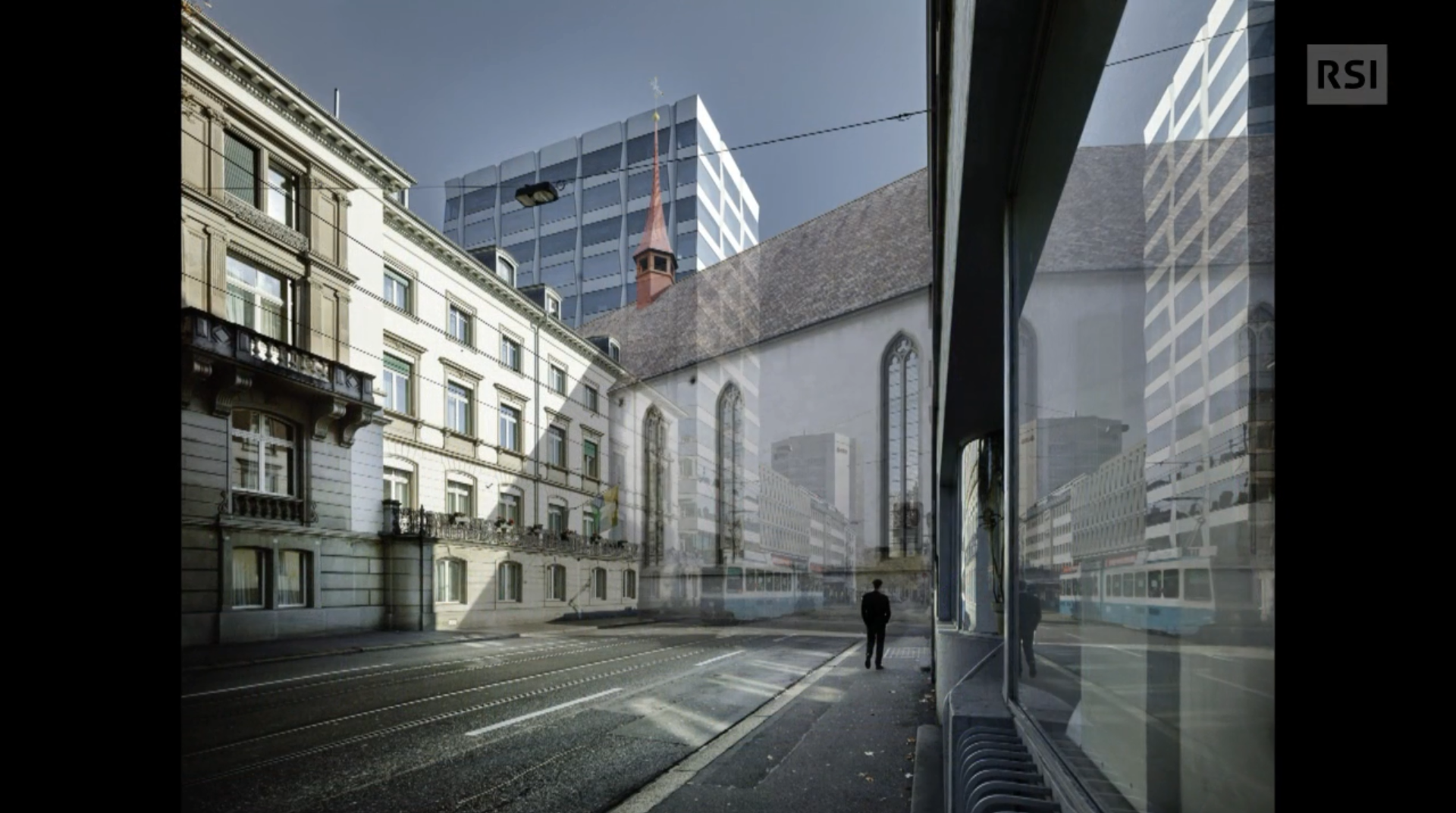 Immagine di una strada di Zurigo con sovrapposta, in semitrasparenza, la ricostruzione di un abbazia