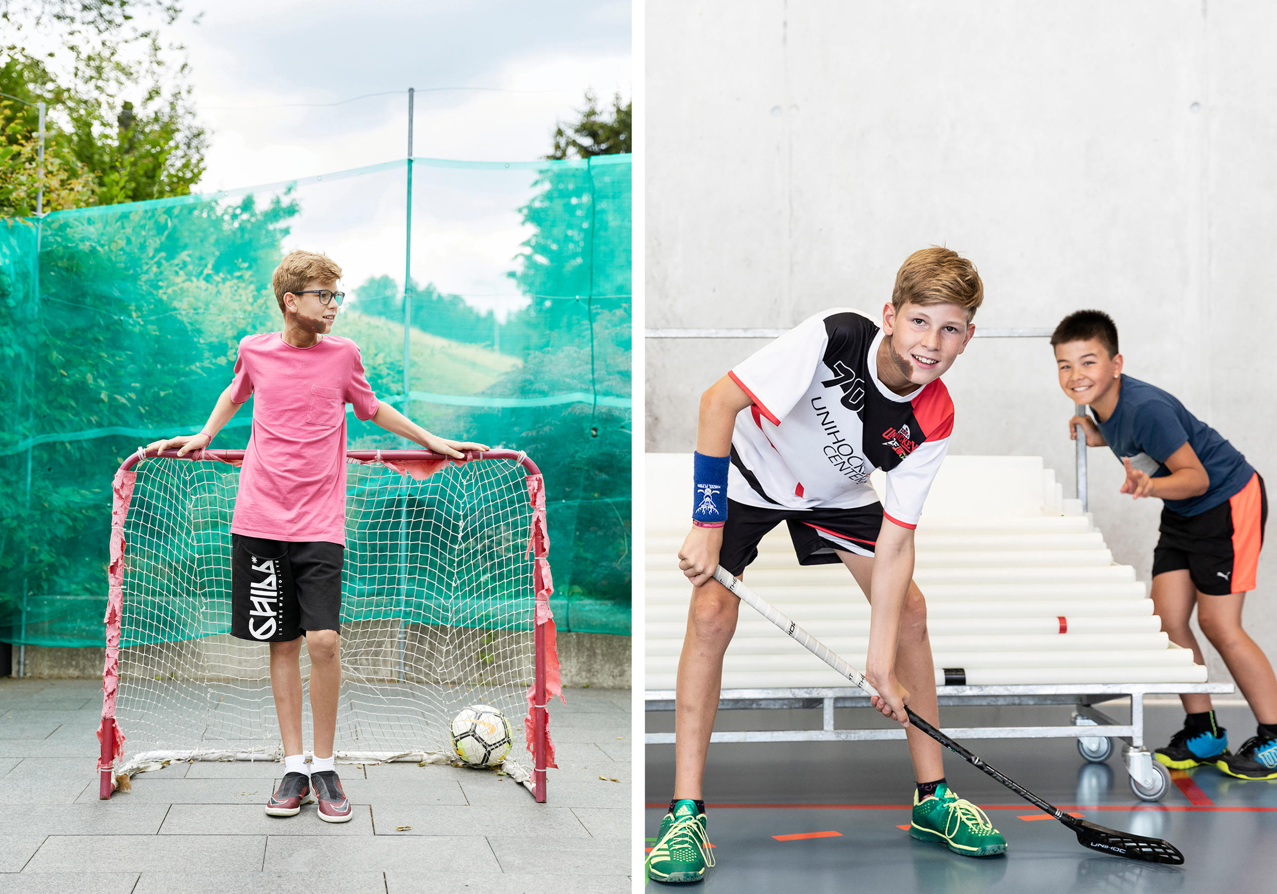 Dos fotos: en una. niño con mancha en caro y cuello, en la otra, haciendo deporte