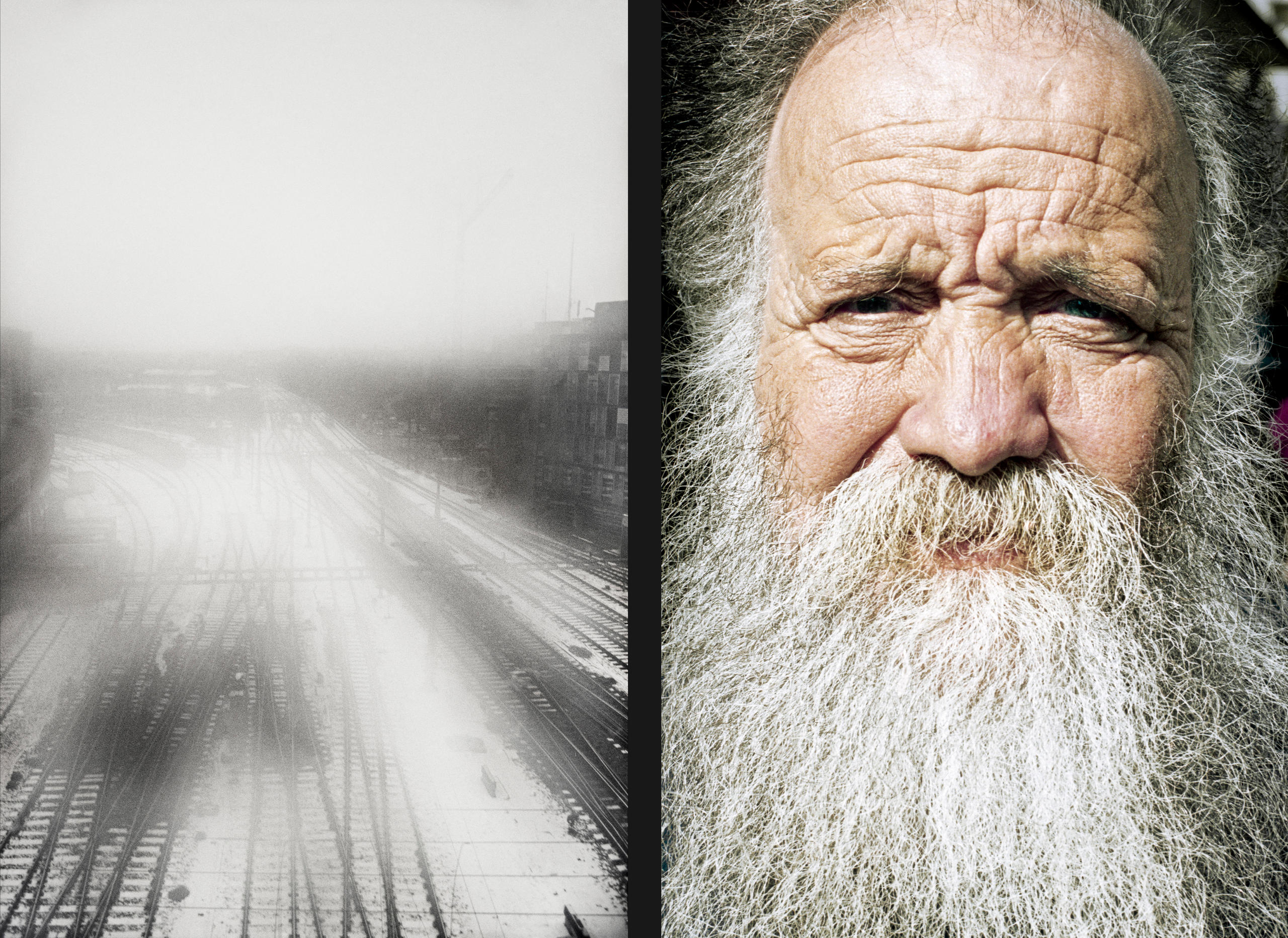 Rail tracks in winter / portrait of an elderly man