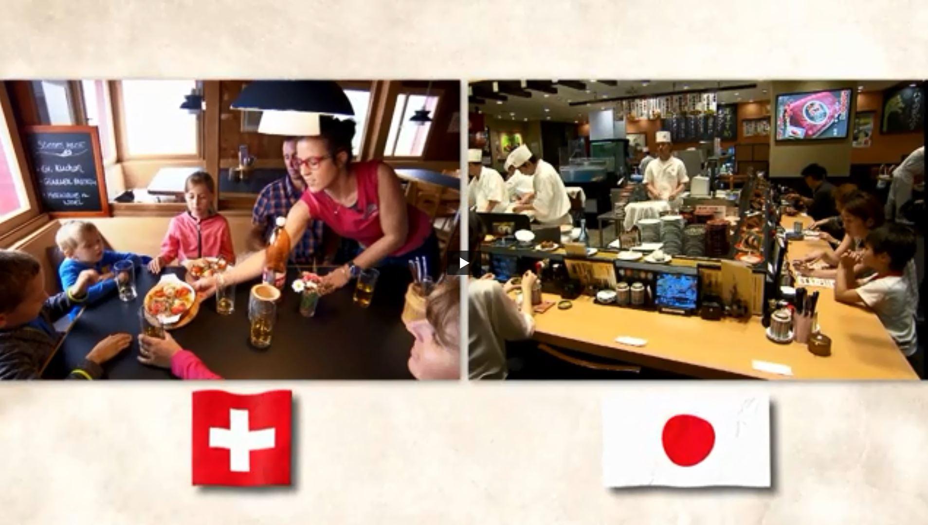 日本の寿司屋とスイスの山小屋レストラン内