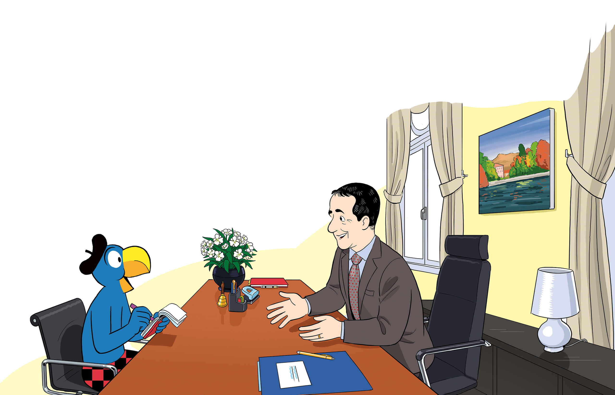 رسم كاريكاتوري لوزير الخارجية السويسري إينياتسيو كاسّيس وهو يجلس قبالة شخصية كارتونية.