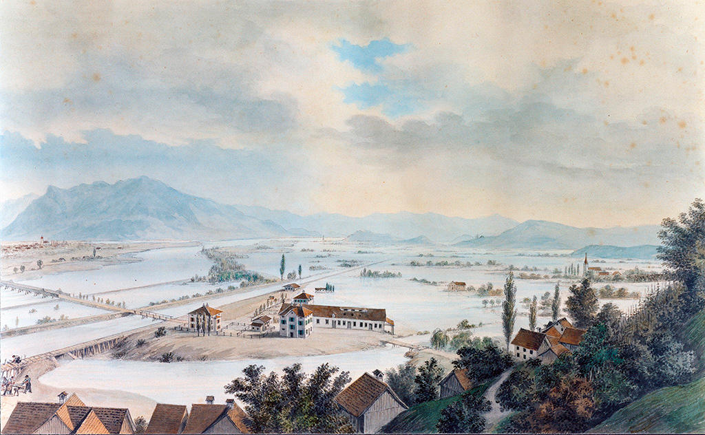 Aquarell: Häuser in einer Ebene sind von Wasser umgeben