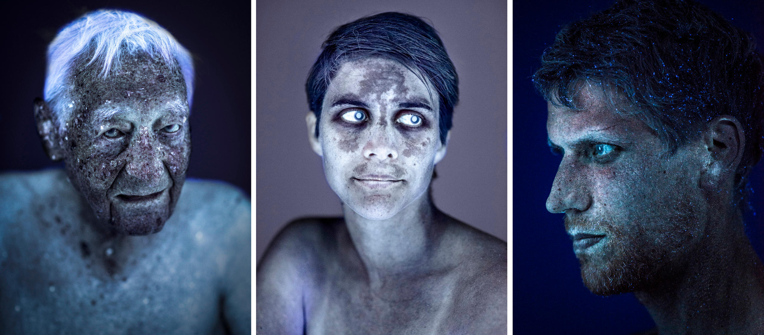 Drei Portraits von Personen in Ultraviolettem Licht