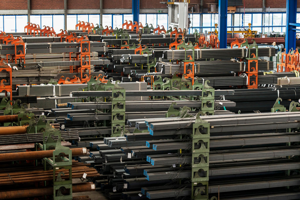 Steel bars stacked up in a warehouse