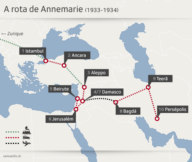 Mapa com a rota de viagem de Annemarie Schwarzenbach