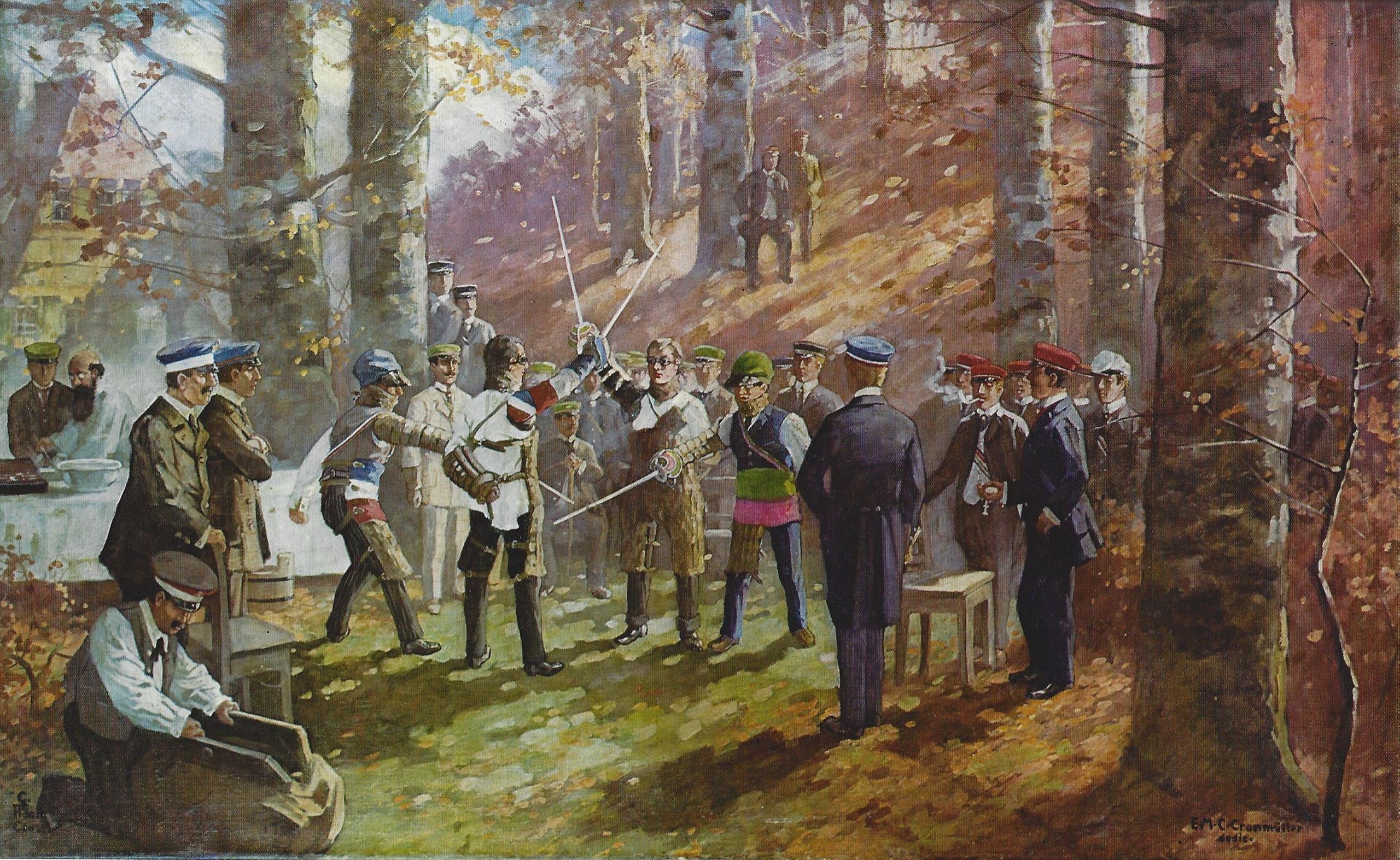 Картина «Мензурная дуэль в лесу» кисти художника Густава Адольфа Клосса (1890 г.)