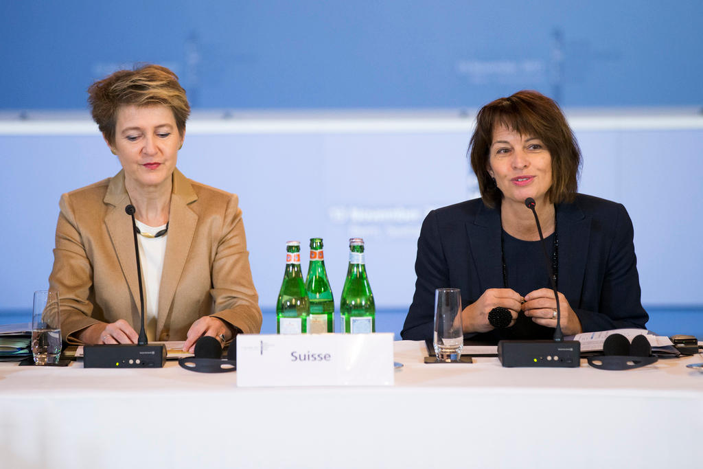 Swiss Federal President Doris Leuthard, right, speaks next to Swiss Federal Councillor Simonetta Sommaruga