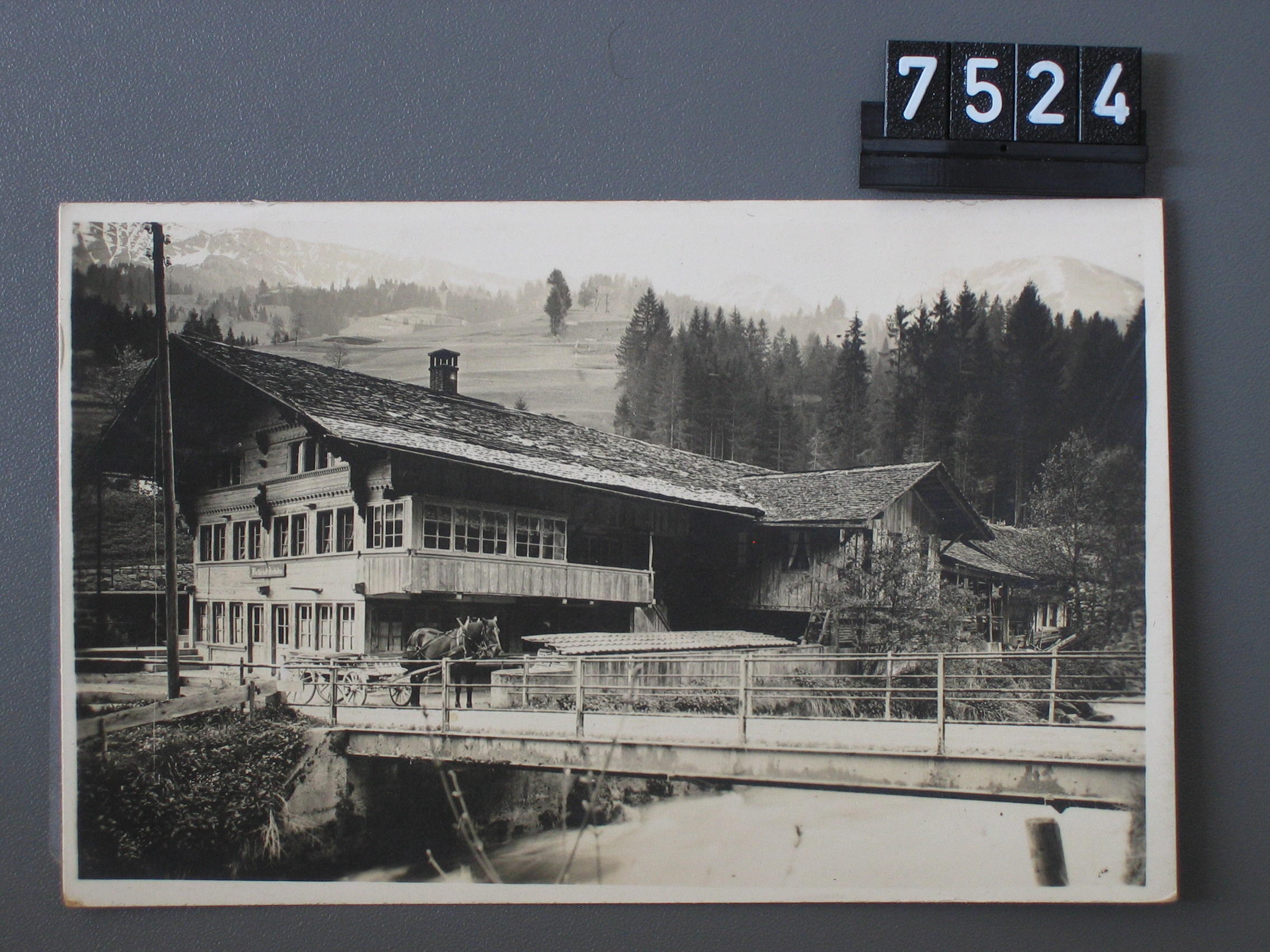 House in the background of a horse walking over a bridge