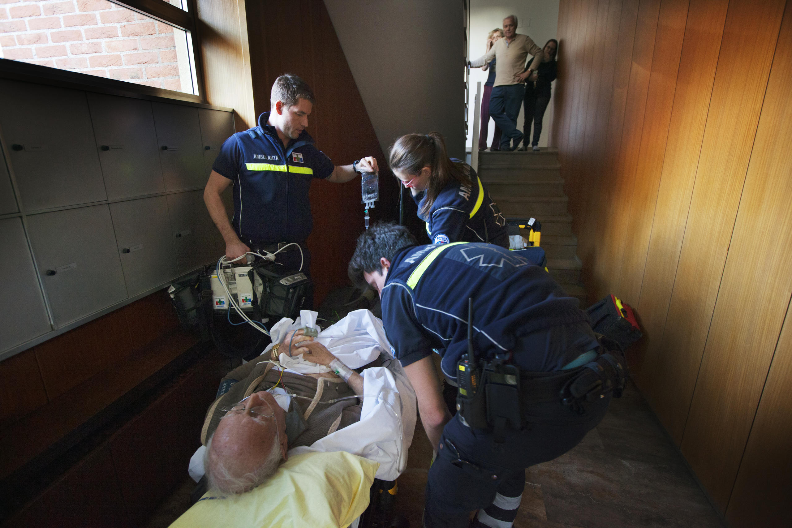 Transport on stretcher through hallway