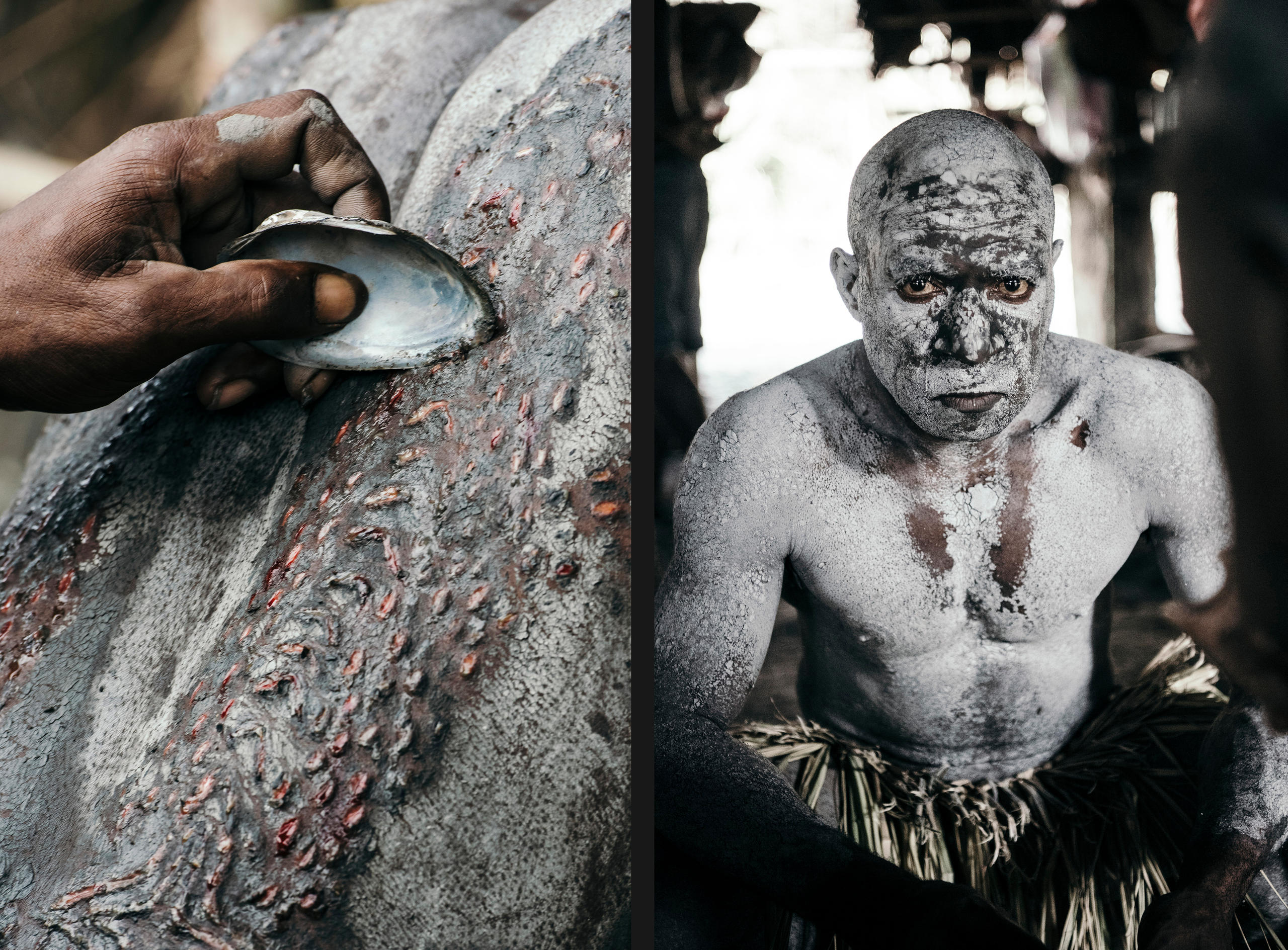 Combination of two pictures, a man during a crocodile ritual in Papua New Guinea