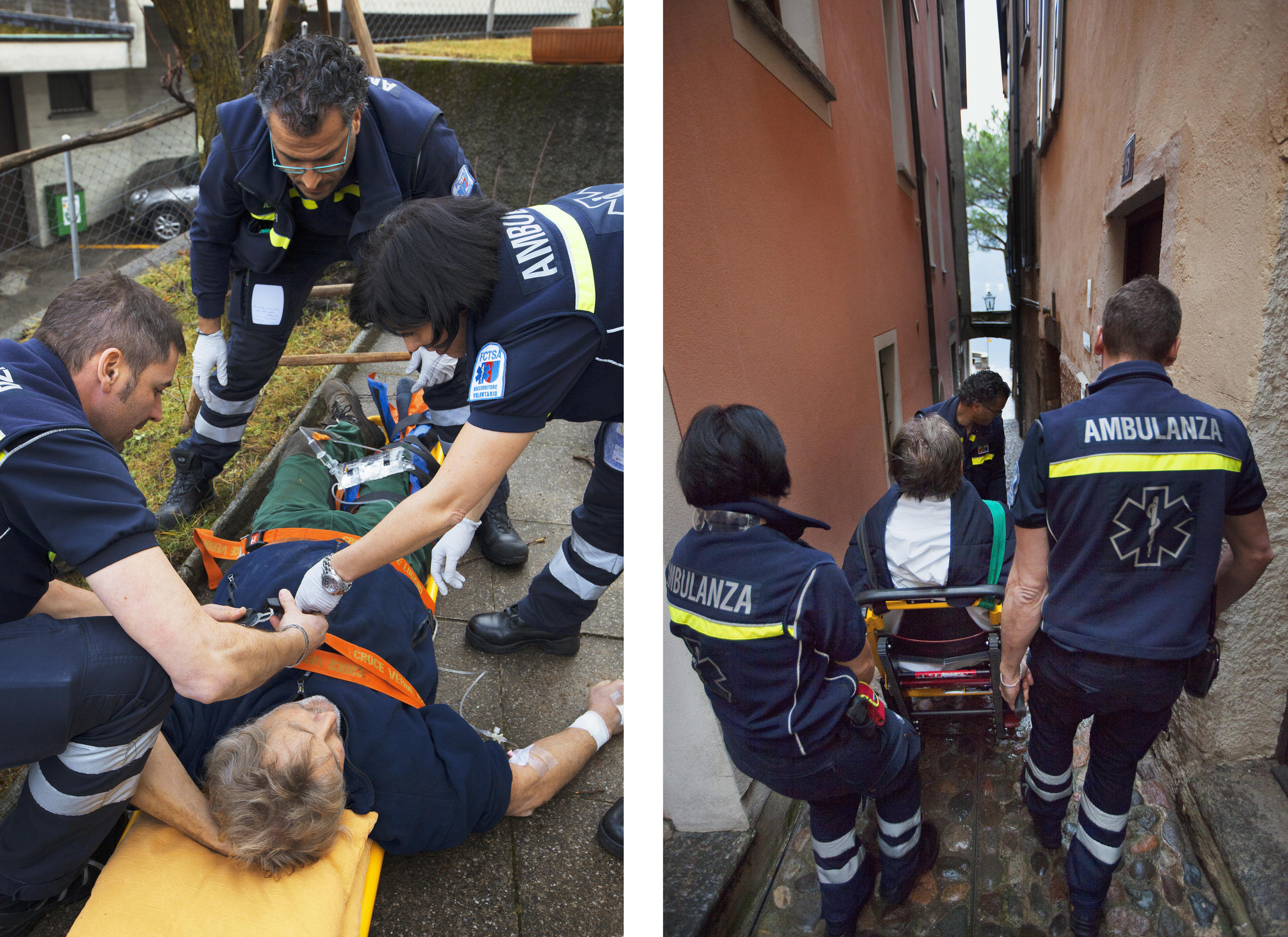 脚を折った男性を介抱する救急ボランティア