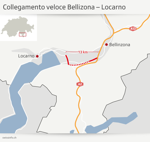 mappa grafica del progetto di collegamento stradale veloce tra Bellinzona e Locarno.