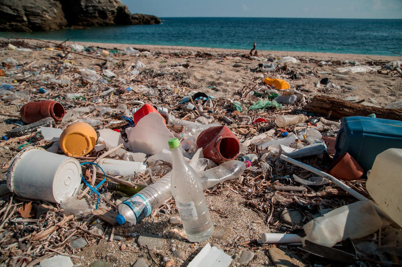 Plastic pollution on the Charakes beach on the Greek island of Evia