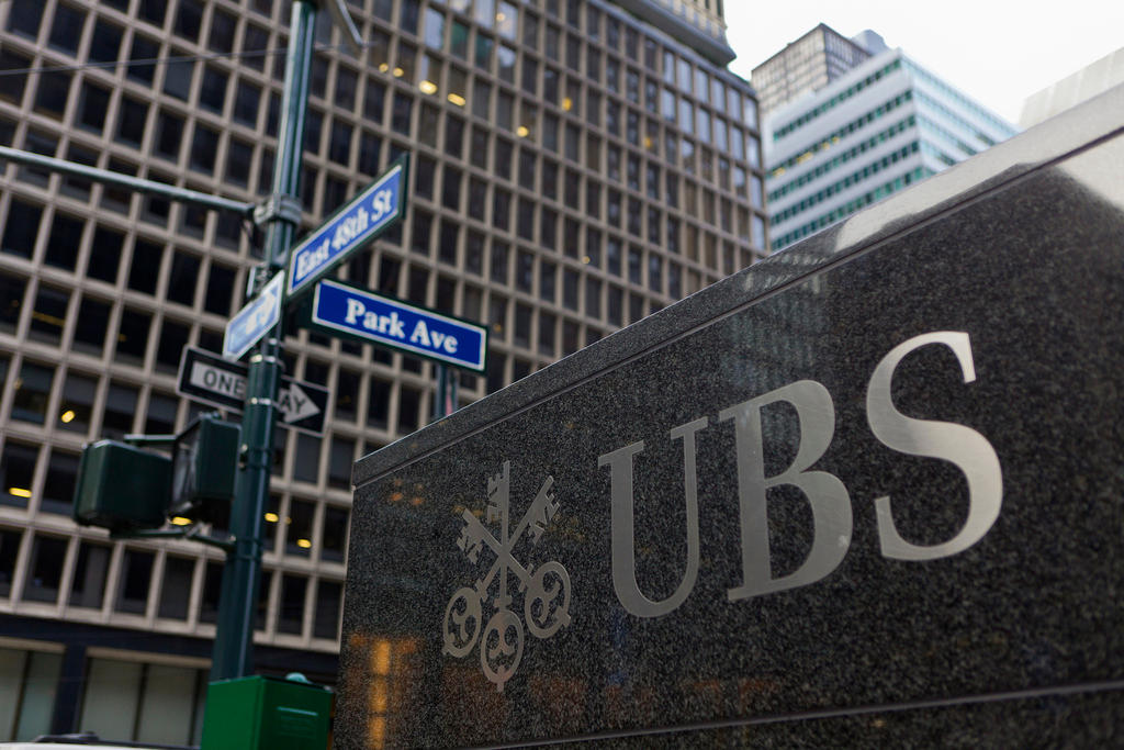 Logo of UBS bank on the building of its branch on Park Avenue in New York City