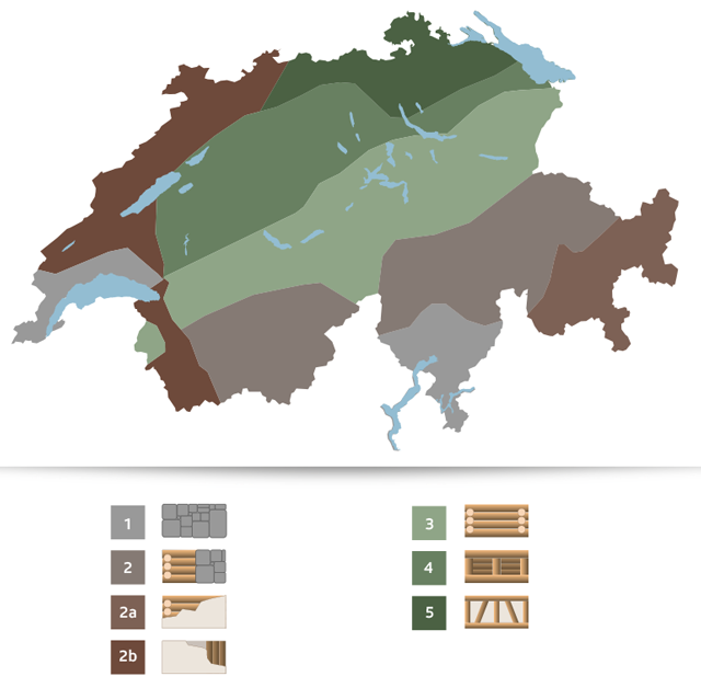 Graphic drawing of a map of Switzerland and building materials.