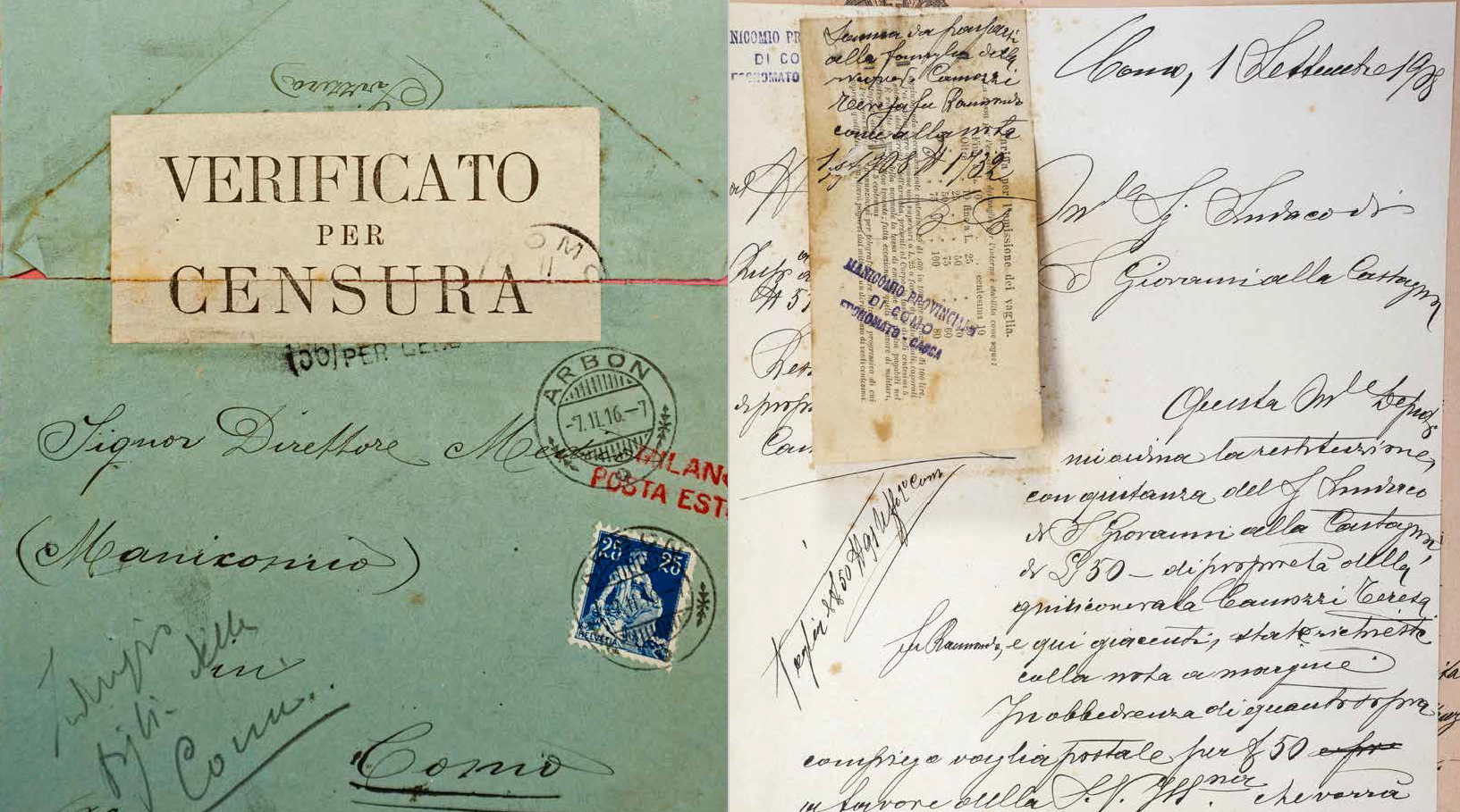 Busta indirizzata all ospedale con scritta Verificato per censura e francobolli e timbri; sulla dx, la lettera di risposta