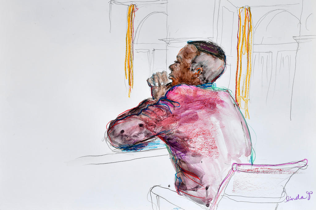 artist s drawing of a man on trial