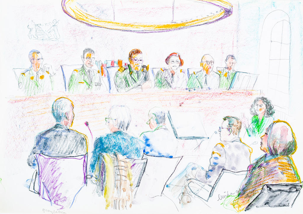 Dibujo de la escena del juicio ante la Corte de Apelaciones de Zúrich.