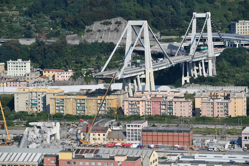 A general view showing part of the collapsed Morandi bridge in central Genoa, Italy