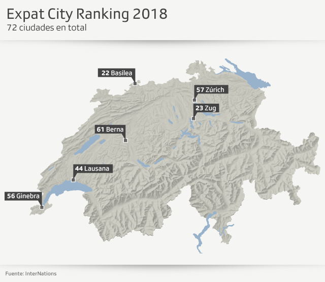 Mapa de Suiza con ciudades favoritas de los expatriados