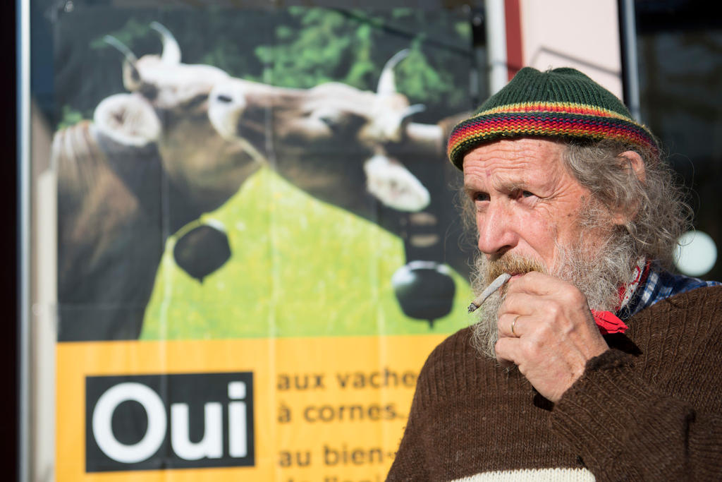 Armin Capaul davanti a un cartellone per il sì all iniziativa per vacche con le corna.