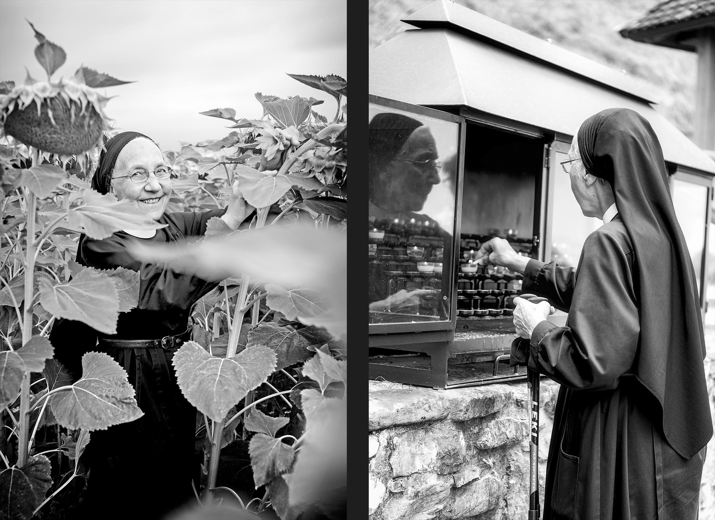 Klosterfrau im Sonnenblumenfeld, am Anzünden von Kerzen صورتان لراهبة، الأولى في حقل لزهور عبد الشمس، والثانية وهي تشعل الشموع.