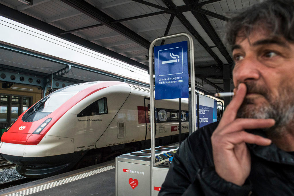 Smoking on a Swiss train platform