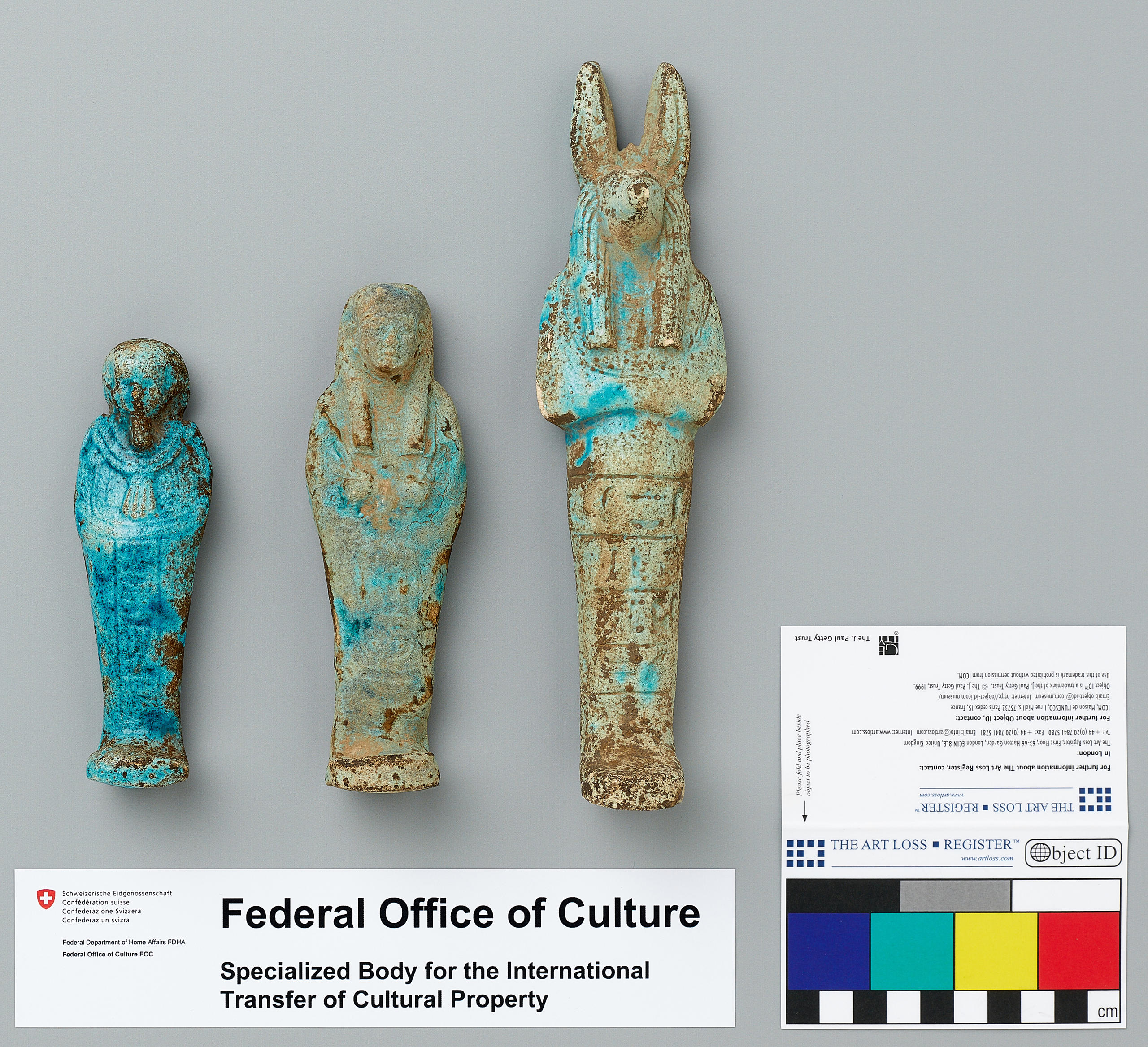 Three ancient Egyptian statuettes that were handed back to Egypt by Swiss officials last week